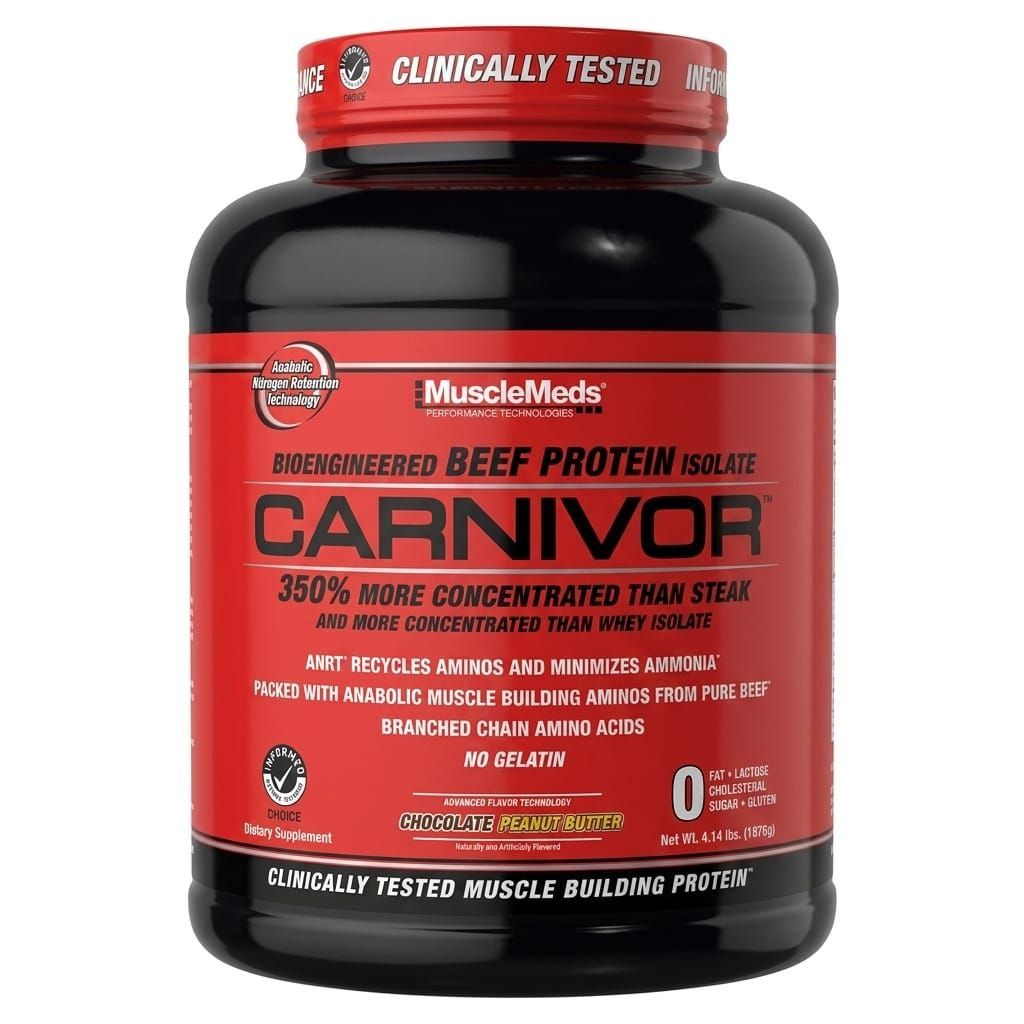 Envase rojo de proteína en polvo de res MuscleMeds Carnivor con tapa negra sobre fondo blanco.