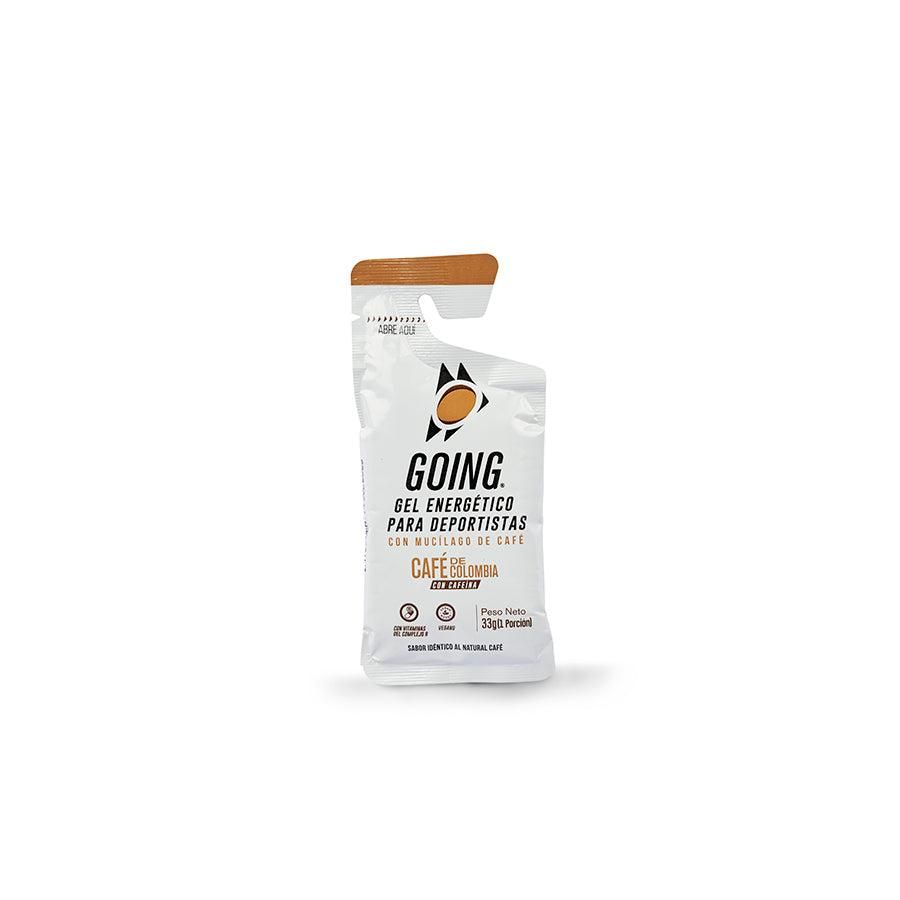 Bolsa blanca con base de virutas de coco Going sobre fondo blanco.