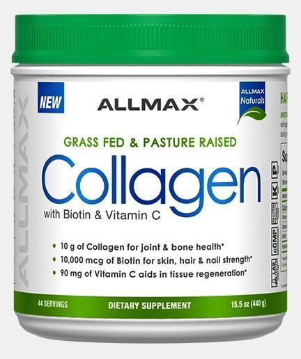 Suplemento de colágeno ALLMAX en frasco con tapa verde y etiqueta blanca, de vacas alimentadas con pasto, con vitamina C.