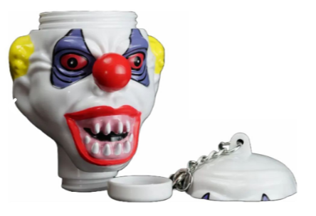 Linterna colgante blanca con cara de payaso, nariz roja, ojos amarillos y llavero metálico.