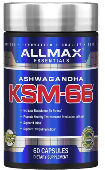 Frasco azul de suplemento de ashwagandha KSM-66 de Allmax Essentials, 60 cápsulas.