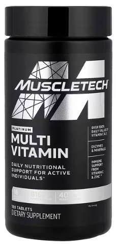 Frasco de suplemento multivitamínico MuscleTech negro con etiqueta blanca y plateada sobre fondo blanco.