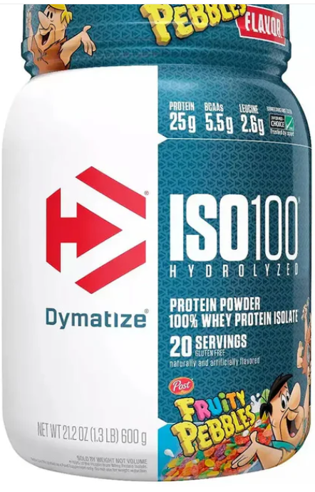 Envase de proteína en polvo Dymatize ISO100 sabor Fruity Pebbles, blanco con etiqueta turquesa y logotipo rojo.