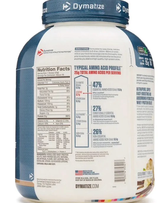 Envase de proteína en polvo Dymatize ISO100 sabor Fruity Pebbles, blanco con etiqueta turquesa y logotipo rojo.
