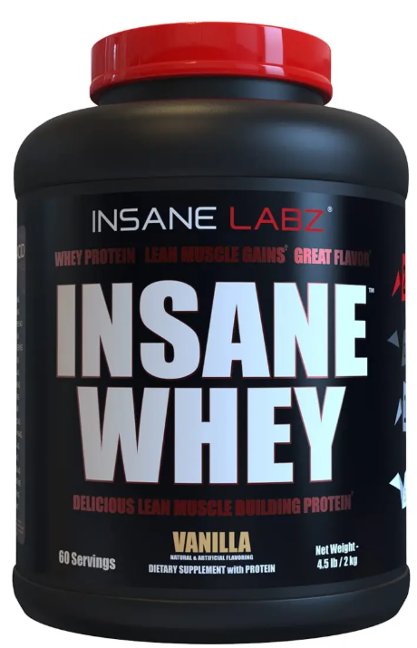 Envase de proteína en polvo Insane Whey de vainilla de Insane Labz en negro y rojo sobre fondo blanco.