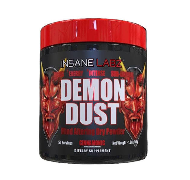 Envase de suplemento Insane Labz Demon Dust con etiqueta negra y tapa roja, con caras de demonios rojas.