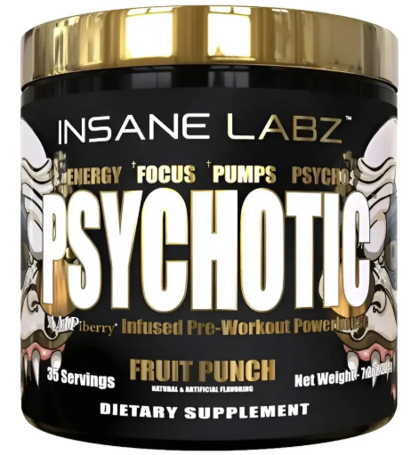 Tubo de suplemento dietético Insane Labz Psychotic Fruit Punch negro y dorado