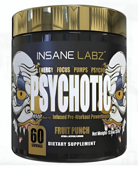 Frasco negro del suplemento dietético Insane Labz Psychotic Fruit Punch con tapa amarilla y etiqueta llamativa.