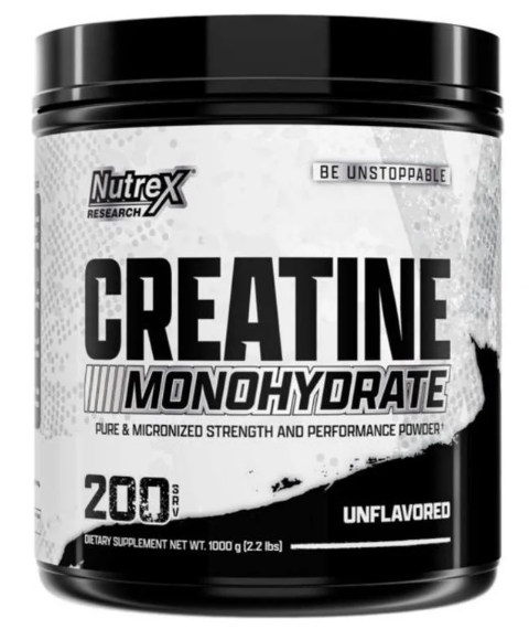 Suplemento de monohidrato de creatina Nutrex, envase con etiqueta blanca y negra, sin sabor.