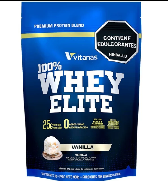 Bolsa de proteína en polvo Blue Vitanas 100% Whey Elite sabor vainilla con etiqueta “contiene edulcorantes”