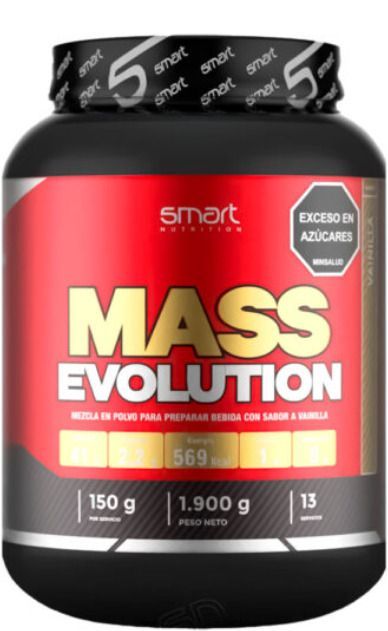 Frasco de suplemento Smart Mass Evolution negro y rojo con etiqueta amarilla y tapa negra.