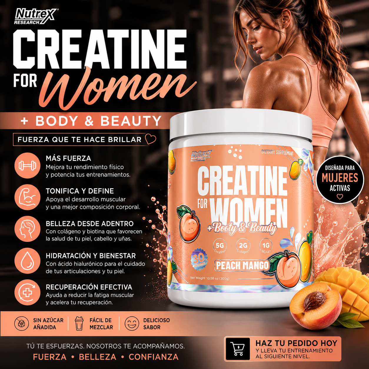 Anuncio del suplemento Creatine for Women con envase sabor melocotón, modelo haciendo ejercicio y lista de beneficios