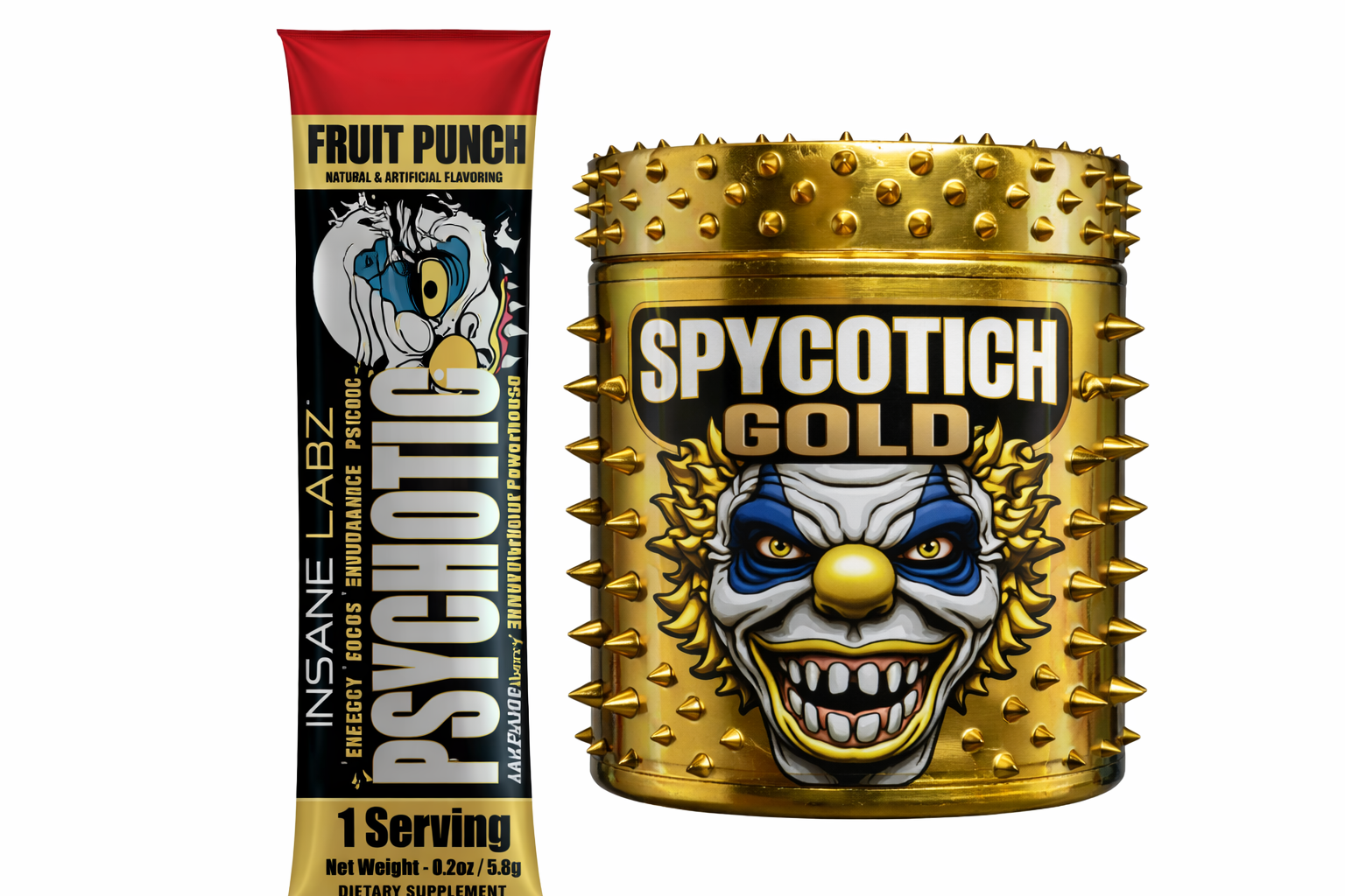 Suplemento pre-entrenamiento Insane Labz Psychotic Fruit Punch, envase con etiqueta negra y dorada.
