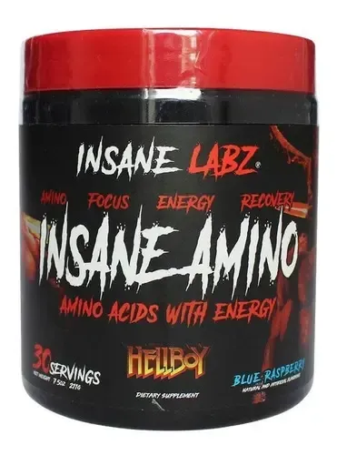 Envase de suplementos Insane-Amino de Insane Labz en color negro y rojo con la marca Hellboy y sabor a frambuesa azul.