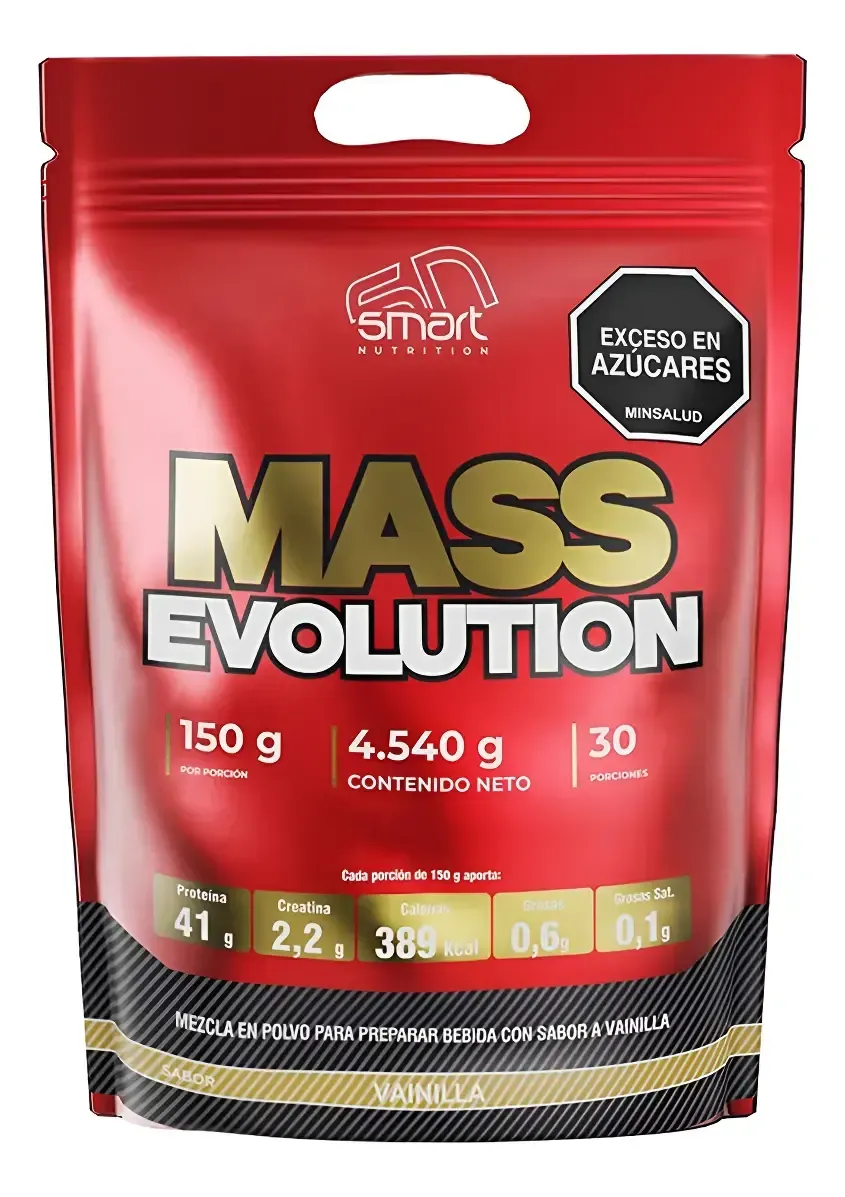 Bolsa de suplemento proteico Red Mass Evolution con texto negro y dorado