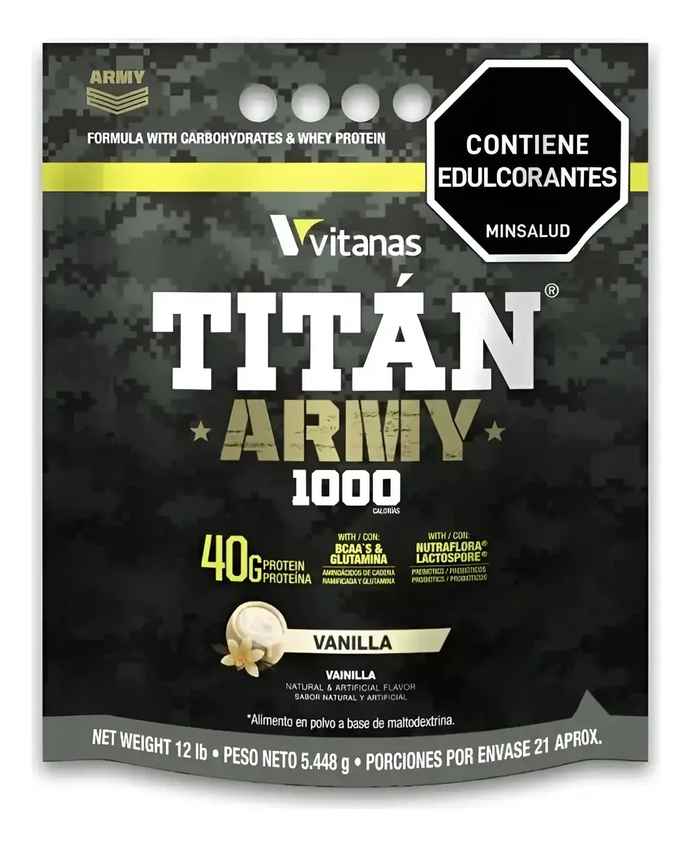Caja de cereales Vitana Titan Army de vainilla, diseño de camuflaje negro con texto dorado y blanco.
