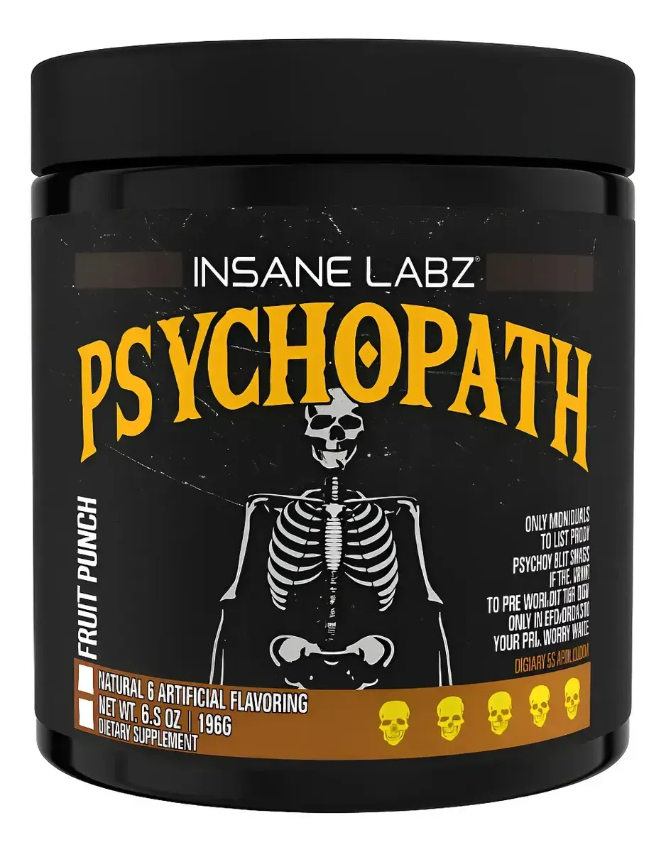 Envase negro de suplementos con la etiqueta “NSANE LABZ PSYCHOPATH”, un gráfico de un esqueleto y detalles amarillos.