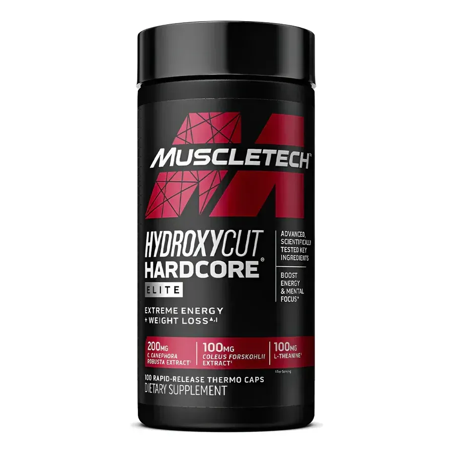 Botella negra del suplemento MuscleTech Hydroxycut Hardcore Elite con etiqueta roja y blanca.