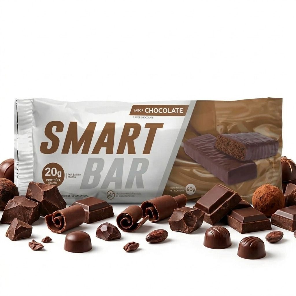 Envase de la barra de chocolate Smart Bar con trozos de chocolate y frutos secos surtidos sobre un fondo blanco.