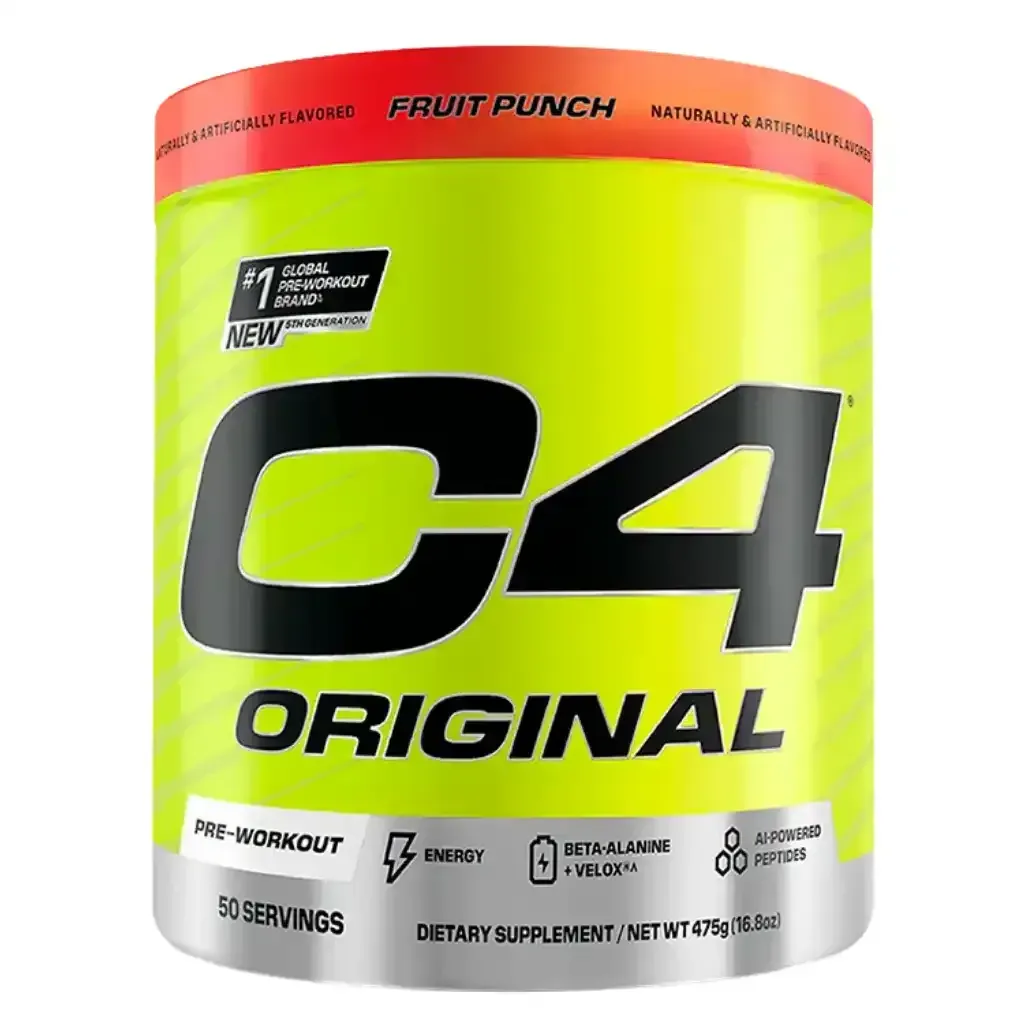 Envase de bebida energética C4 Original Fruit Punch con etiqueta amarilla brillante y tapa naranja.