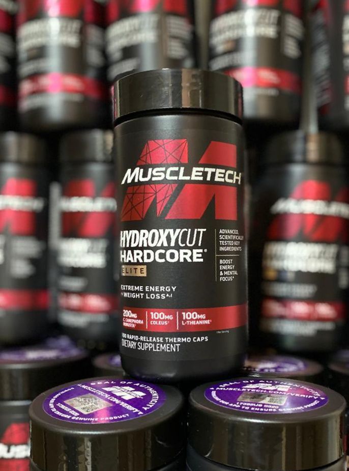 Botella negra del suplemento MuscleTech Hydroxycut Hardcore Elite con etiqueta roja y blanca.