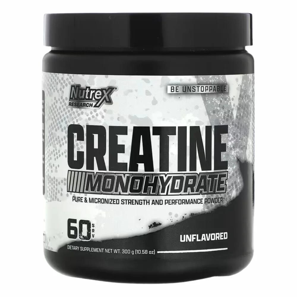 Frasco de suplemento de monohidrato de creatina Nutrex negro, sin sabor, con etiqueta blanca y texto en negrita.