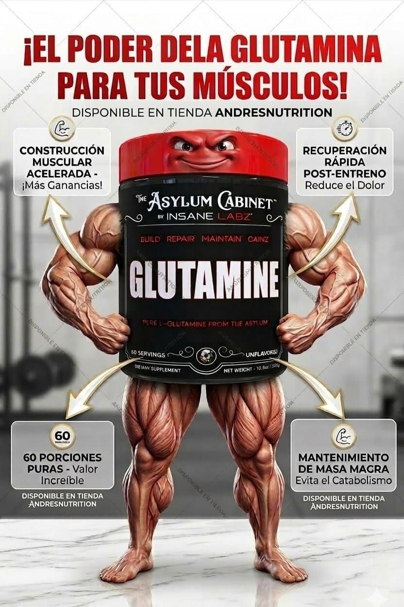 Frasco de suplemento negro con la etiqueta “GLUTAMINA” y tapa roja sobre fondo oscuro.