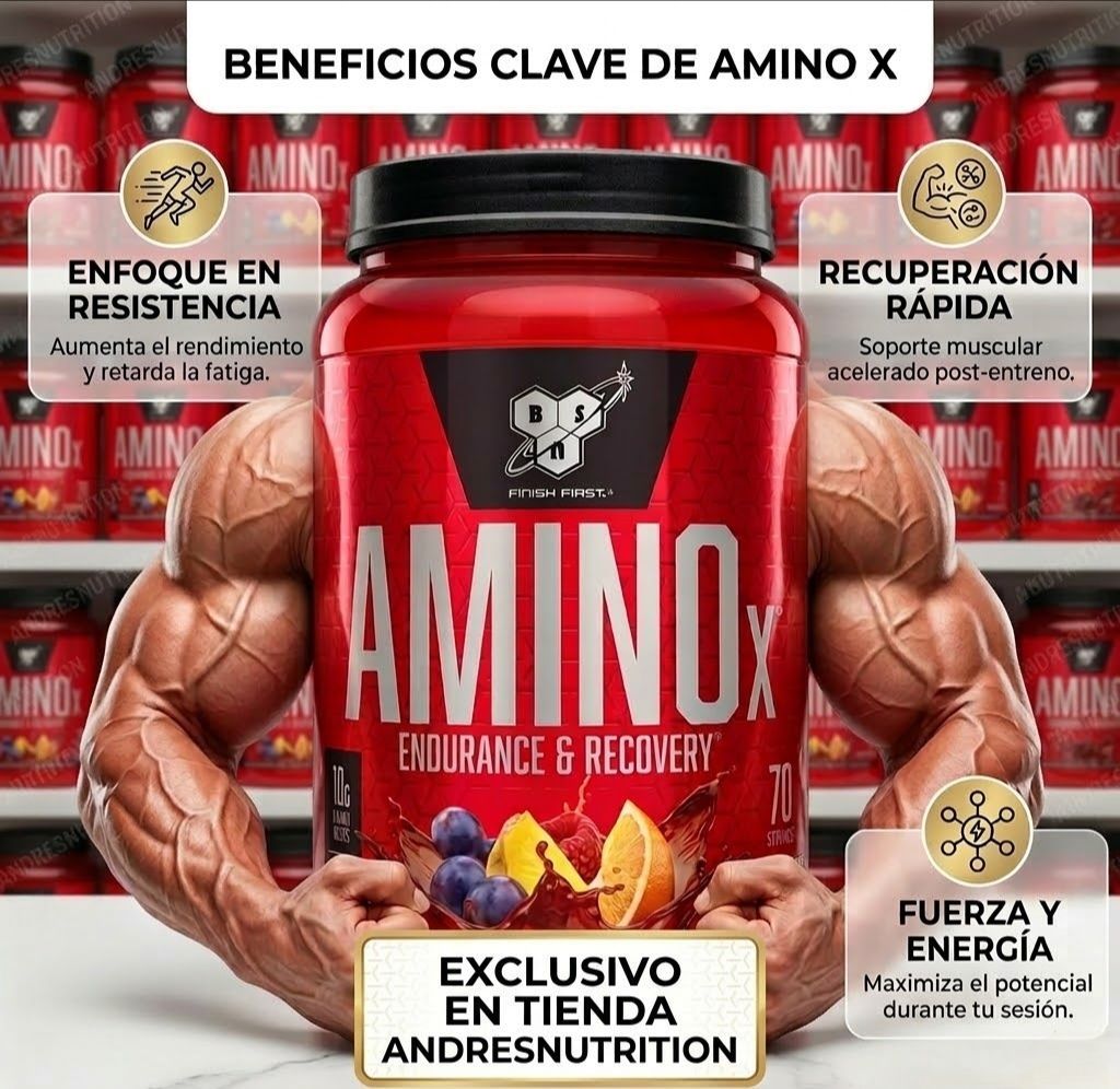 Frasco rojo de suplemento AMINOx para resistencia y recuperación con tapa negra y etiqueta gráfica azul.