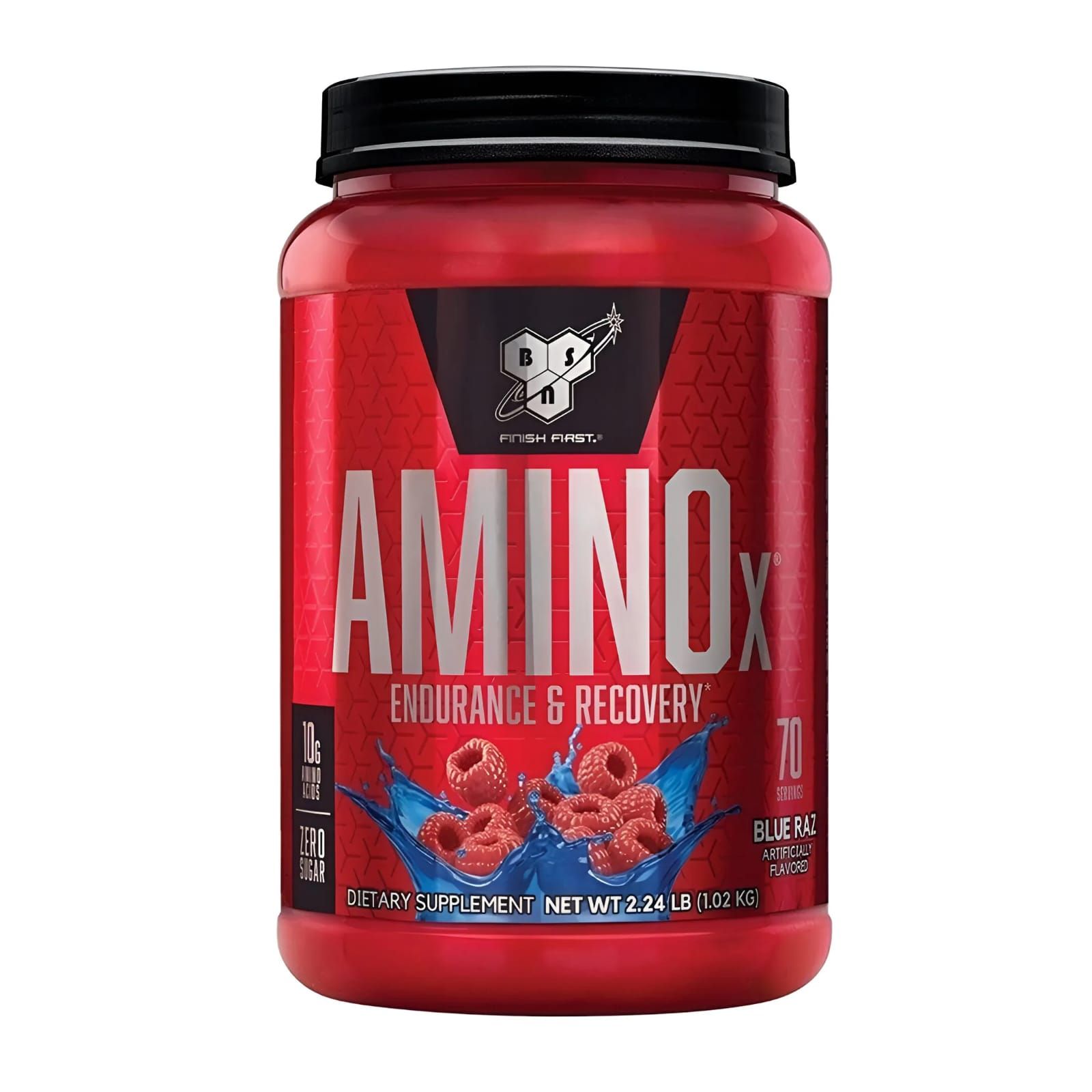 Frasco rojo de suplemento AMINOx para resistencia y recuperación con tapa negra y etiqueta gráfica azul.