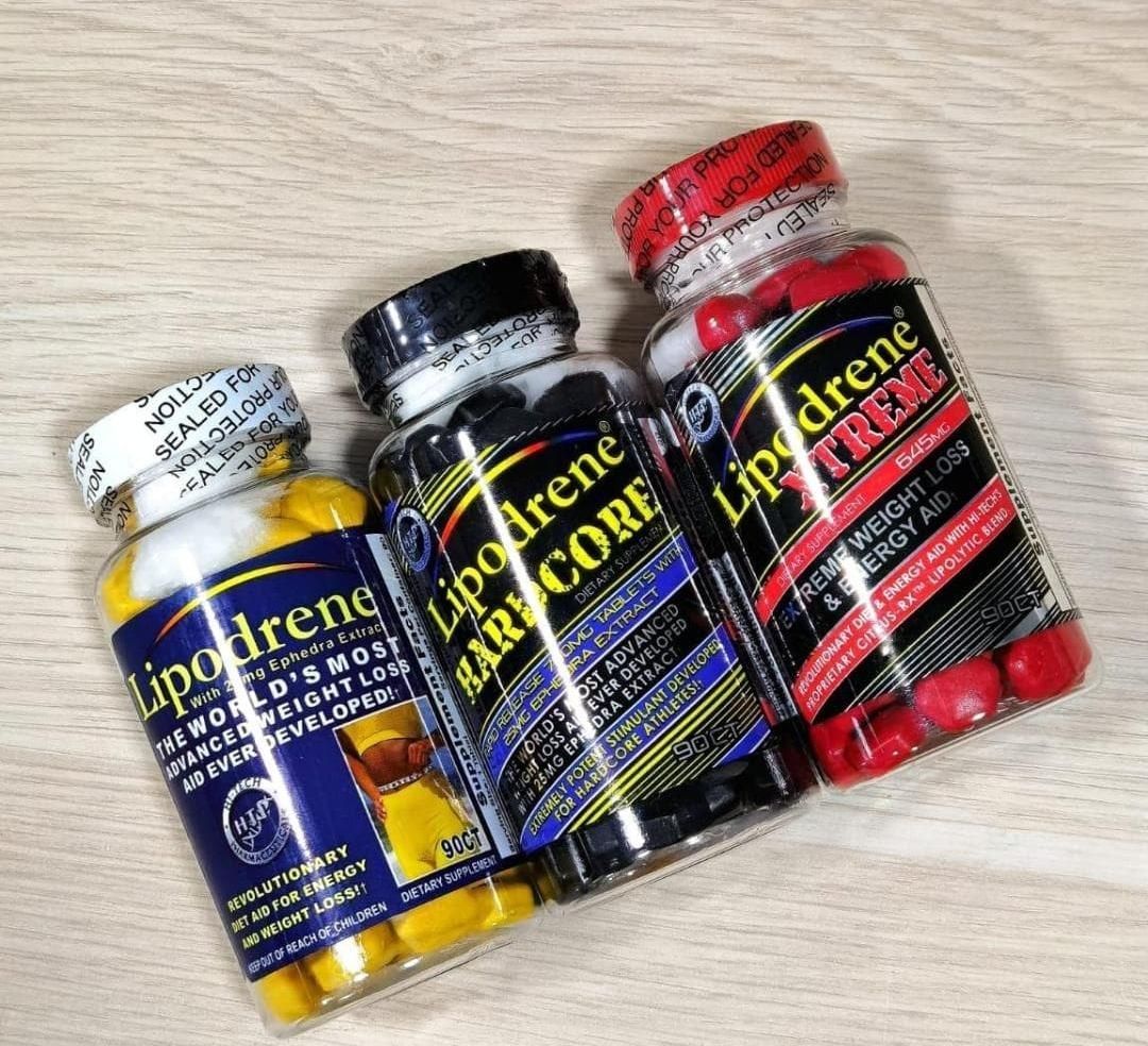 Frasco de pastillas Lipodrene Xtreme para bajar de peso y aumentar la energía, con tapa roja y etiqueta negra.