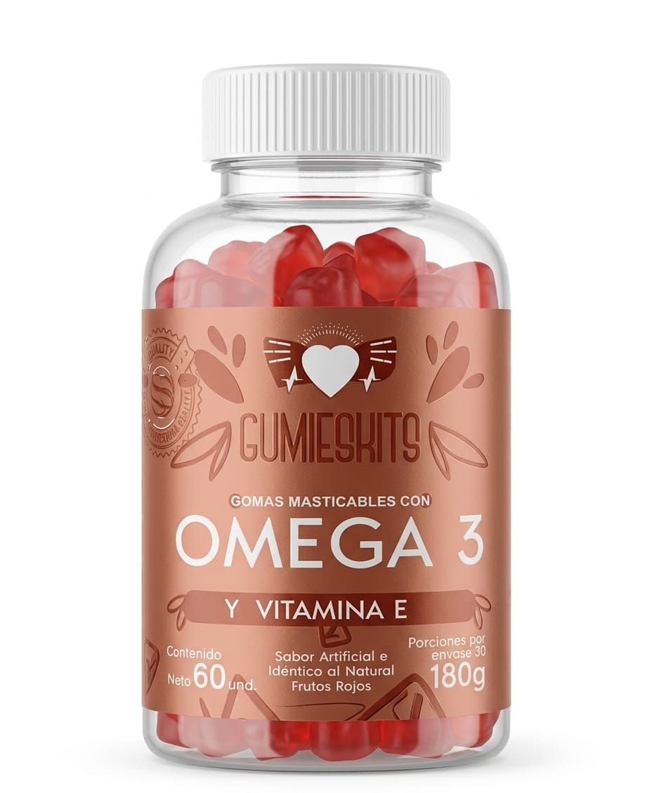 Frasco de gomitas rojas con suplementos de Omega 3 y vitamina E, con tapa blanca y etiqueta rosa.