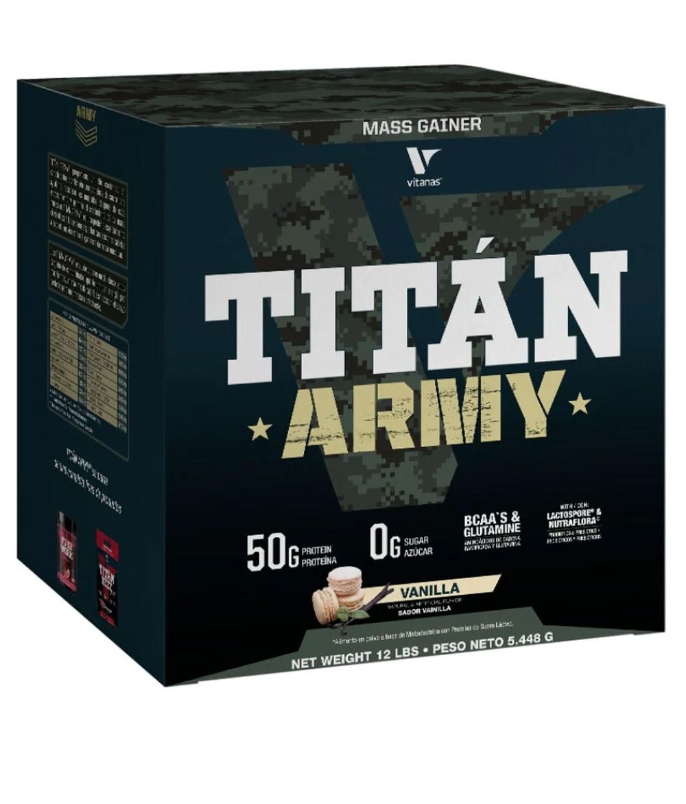 Caja de cereales Vitana Titan Army de vainilla, diseño de camuflaje negro con texto dorado y blanco.
