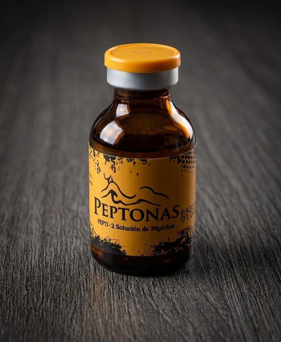 Frasco pequeño de color ámbar con tapa naranja, etiquetado como “PEPTONASE”, sobre una superficie de madera oscura.