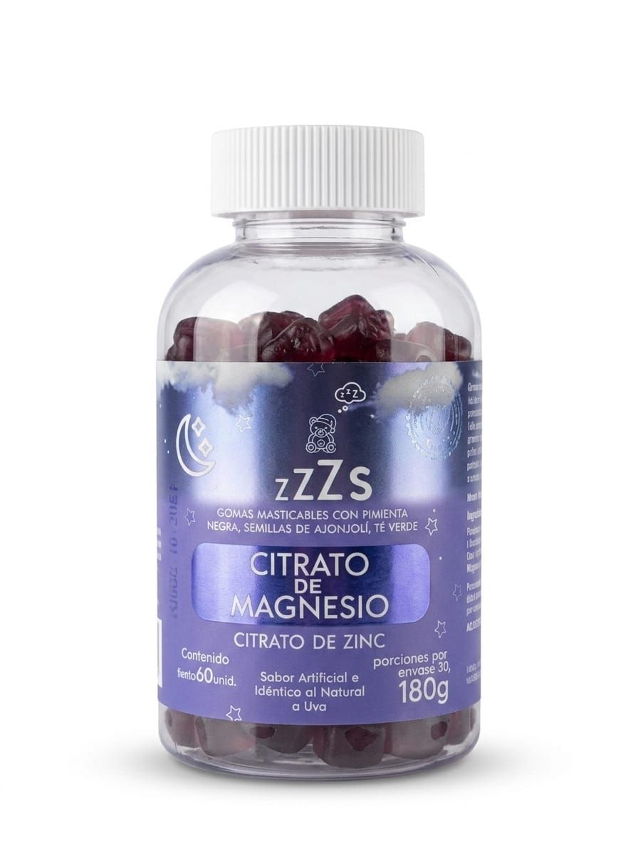 Frasco de gomitas de citrato de magnesio zZs en un frasco transparente con etiqueta morada y tapa blanca.