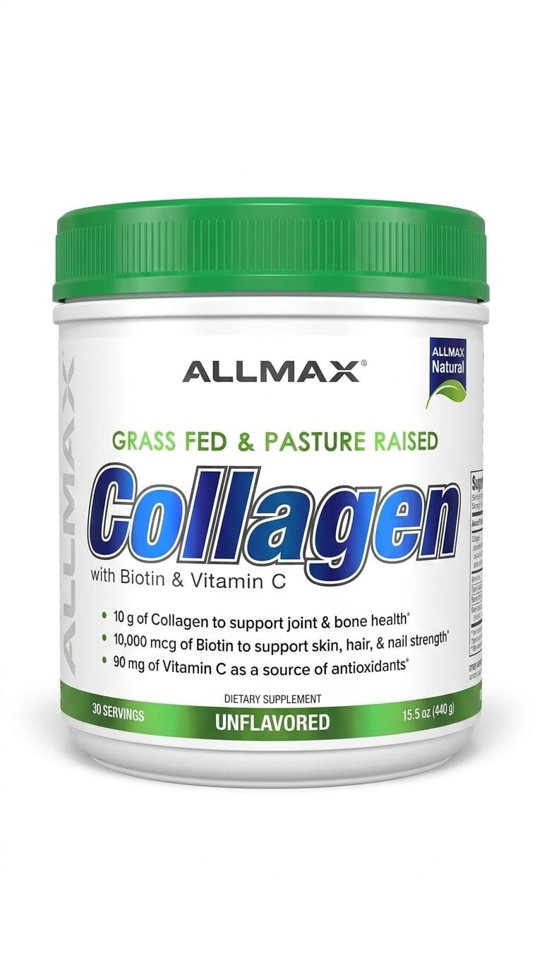 Frasco de suplemento de colágeno ALLMAX con tapa verde y etiqueta blanca.