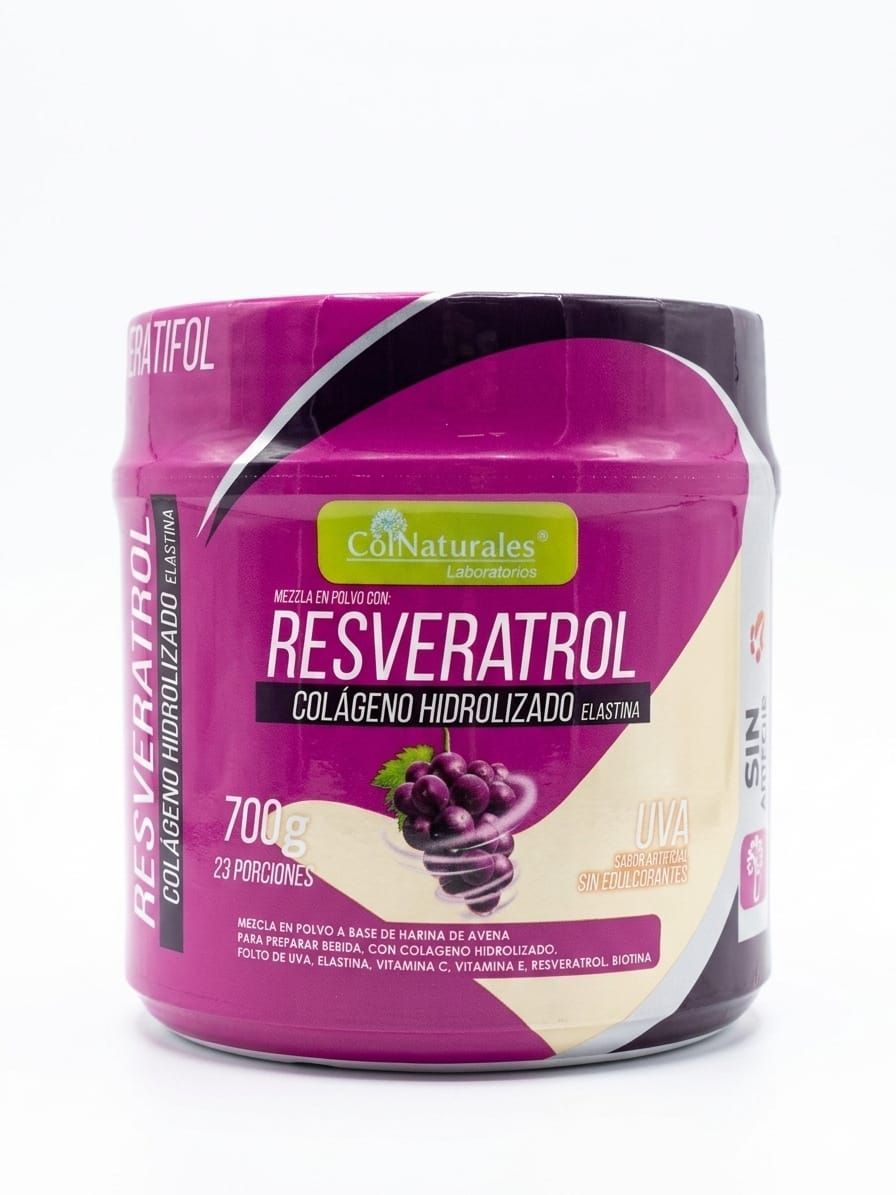 Frasco de suplemento dietético de resveratrol morado con etiqueta verde y tapa plateada.