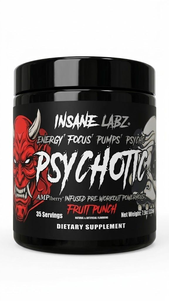 Frasco de suplemento dietético Black Insane Labz PsychoTic sabor ponche de frutas con etiqueta llamativa roja y blanca.