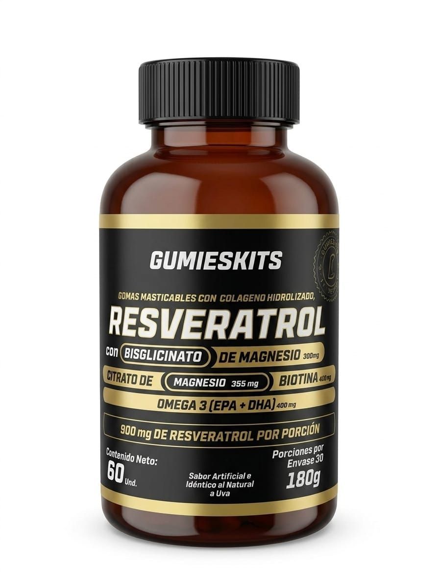 Frasco de suplemento de resveratrol GummiesKits, tarro ámbar con tapa negra y etiqueta negra y dorada.