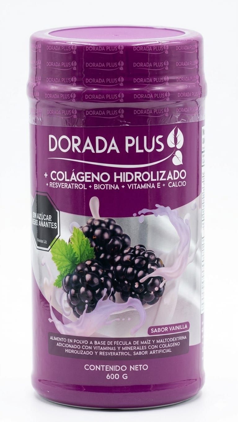 Botella de suplemento de colágeno hidrolizado Purple Dorada Plus con moras y hojas verdes en la etiqueta.