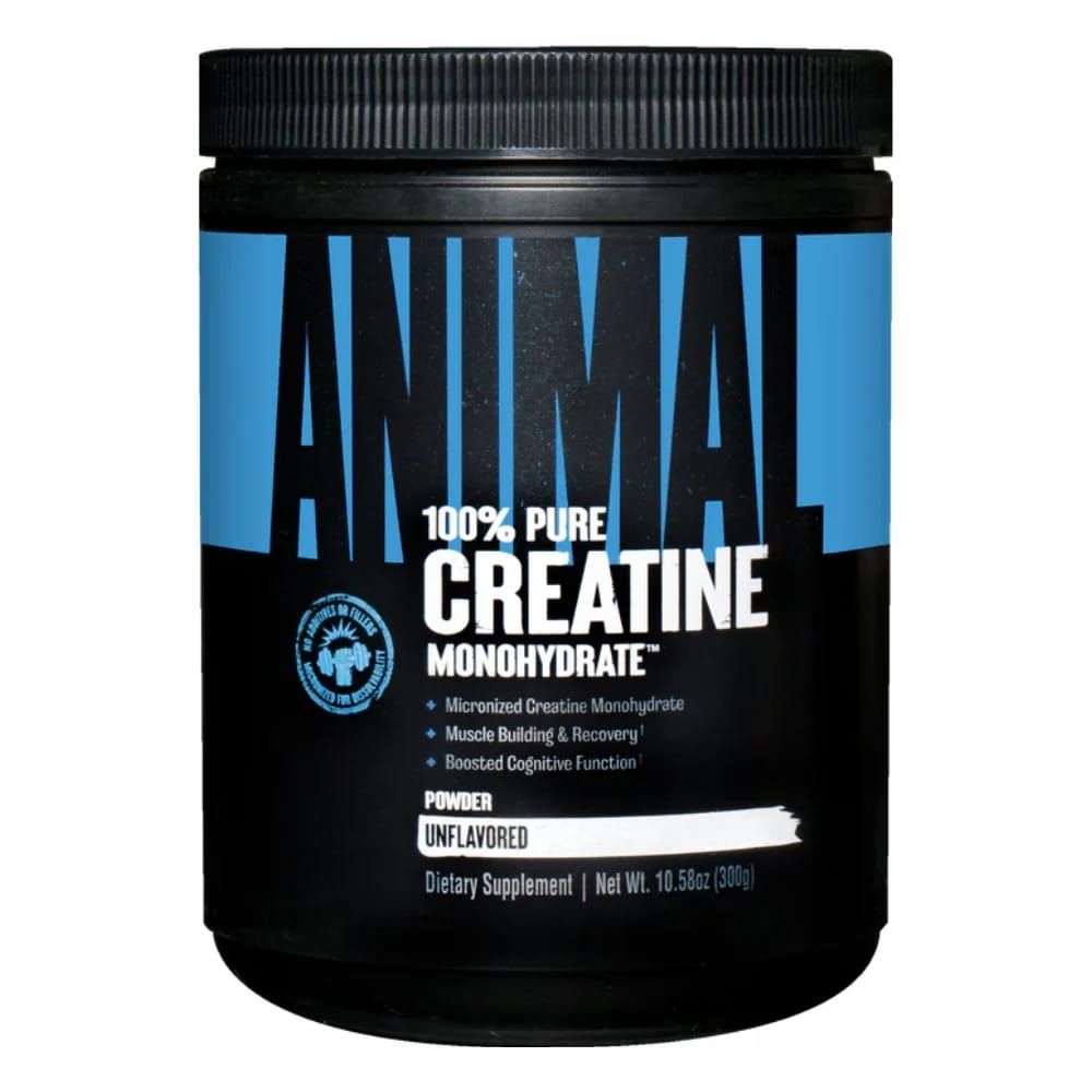 Etiqueta de frasco en color negro y azul con la inscripción “Animal 100% Pure Creatine Monohydrate”