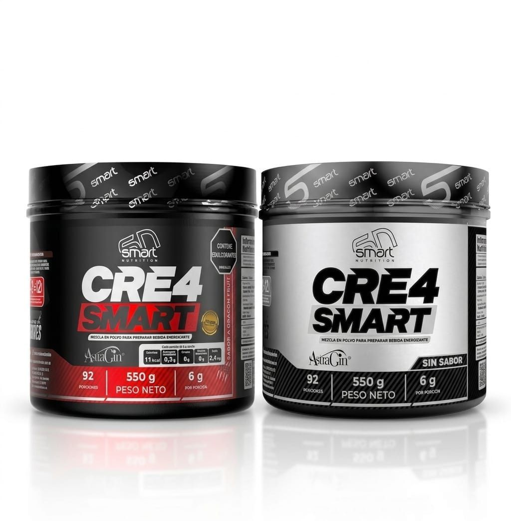 Frasco de suplemento de creatina CRE4 SMART negro y plateado sobre fondo blanco.