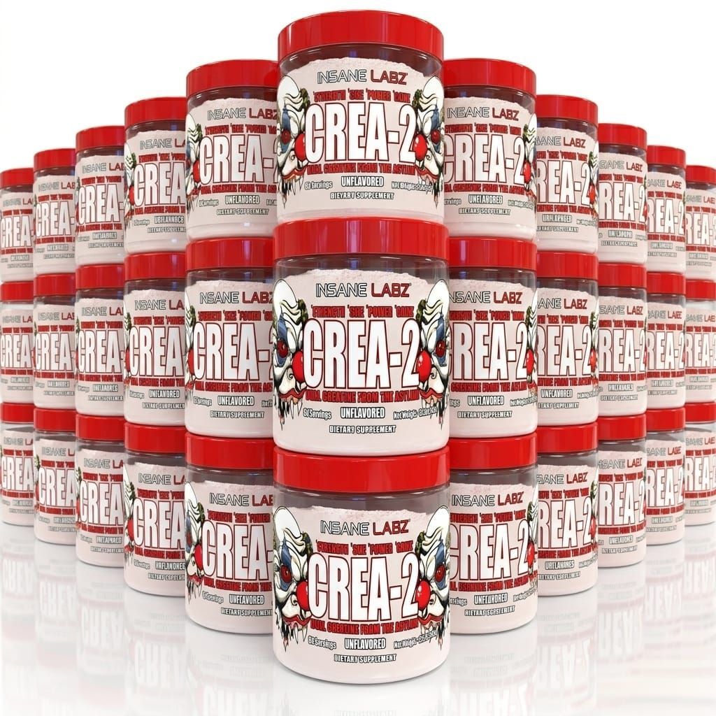 Frasco de suplemento de creatina Insane Labz CREA-2 rojo y blanco con tapa granate