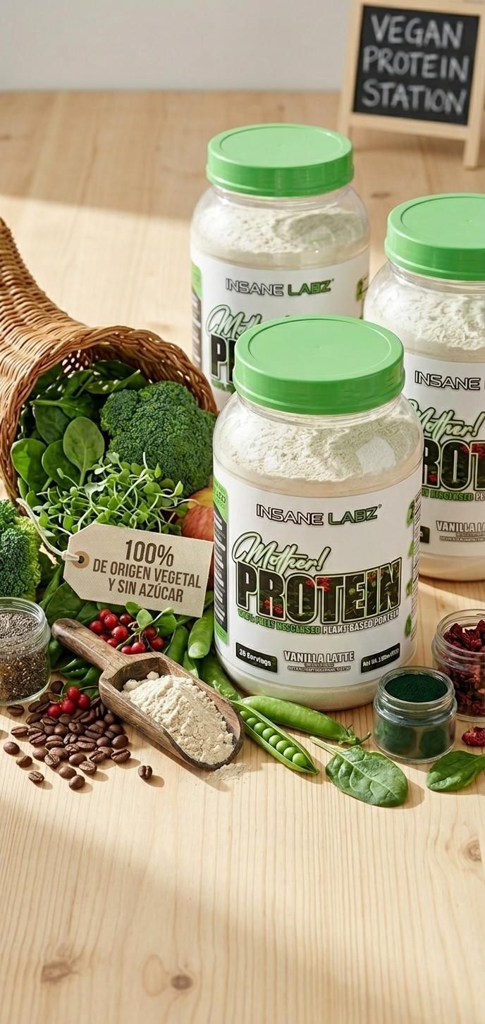 Envase blanco de suplemento proteico con tapa verde y etiqueta que dice “Insane Labz Giga Protein”.