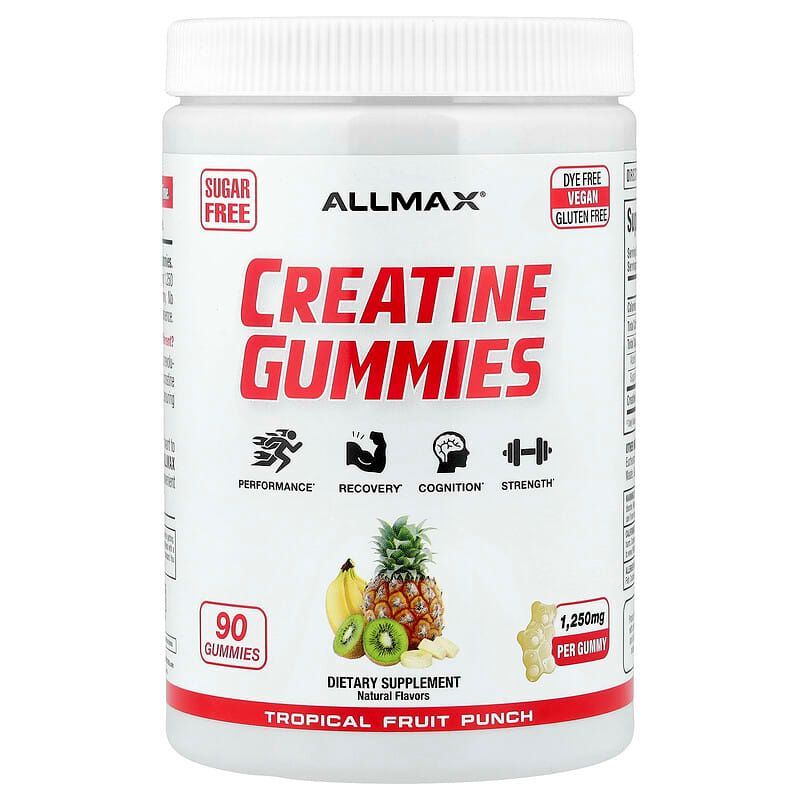 Envase de gomitas de creatina Allmax, tarrina blanca con texto rojo, sabor a ponche de frutas tropicales.