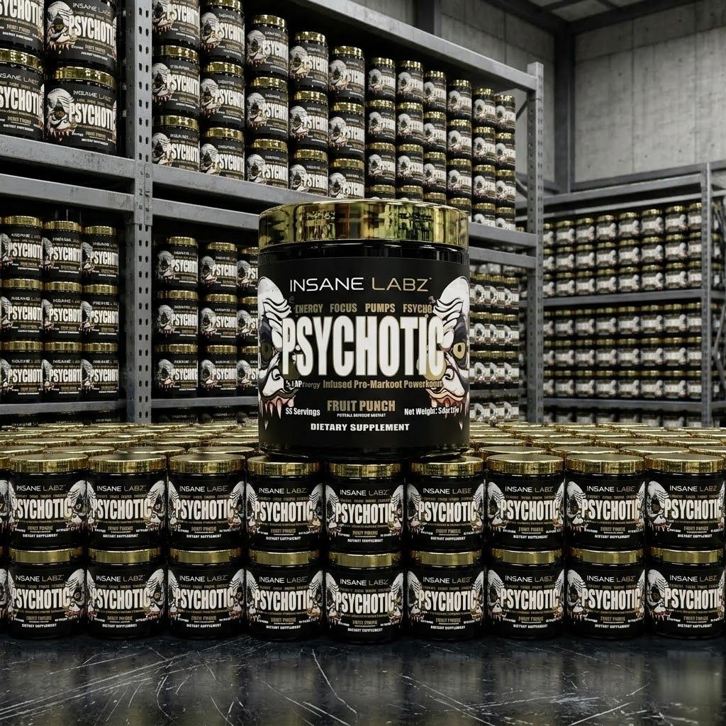 Tubo de suplemento dietético Insane Labz Psychotic Fruit Punch negro y dorado