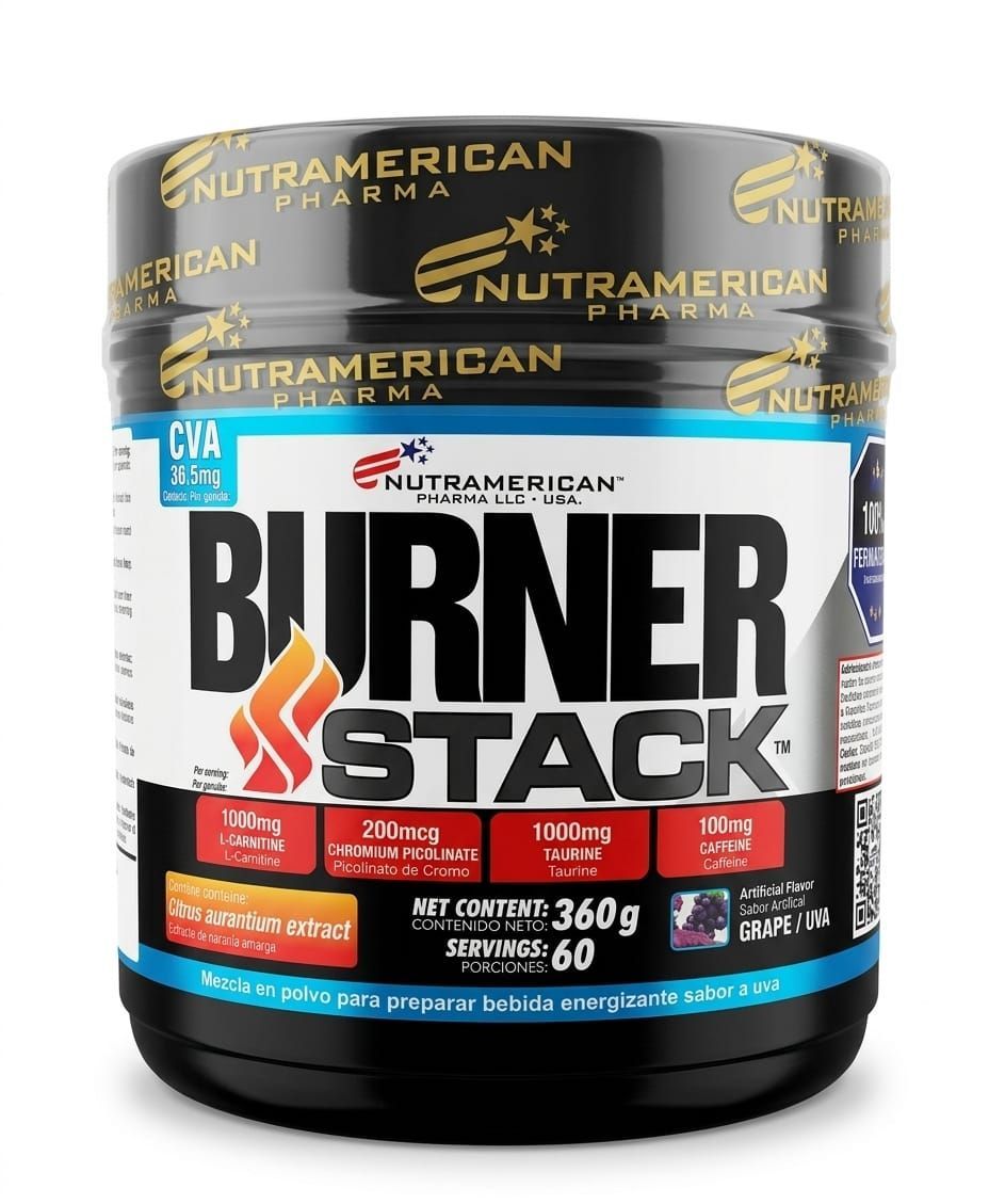 Envase negro de suplemento NutraBio Burn Stack con etiqueta llamativa blanca y roja.