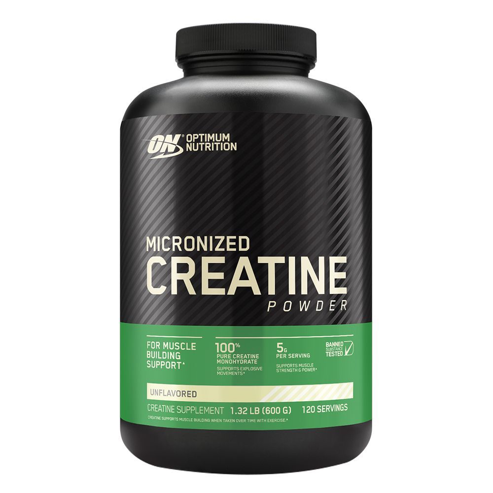Botella negra de suplemento de creatina micronizada en polvo de Optimum Nutrition con etiqueta verde.