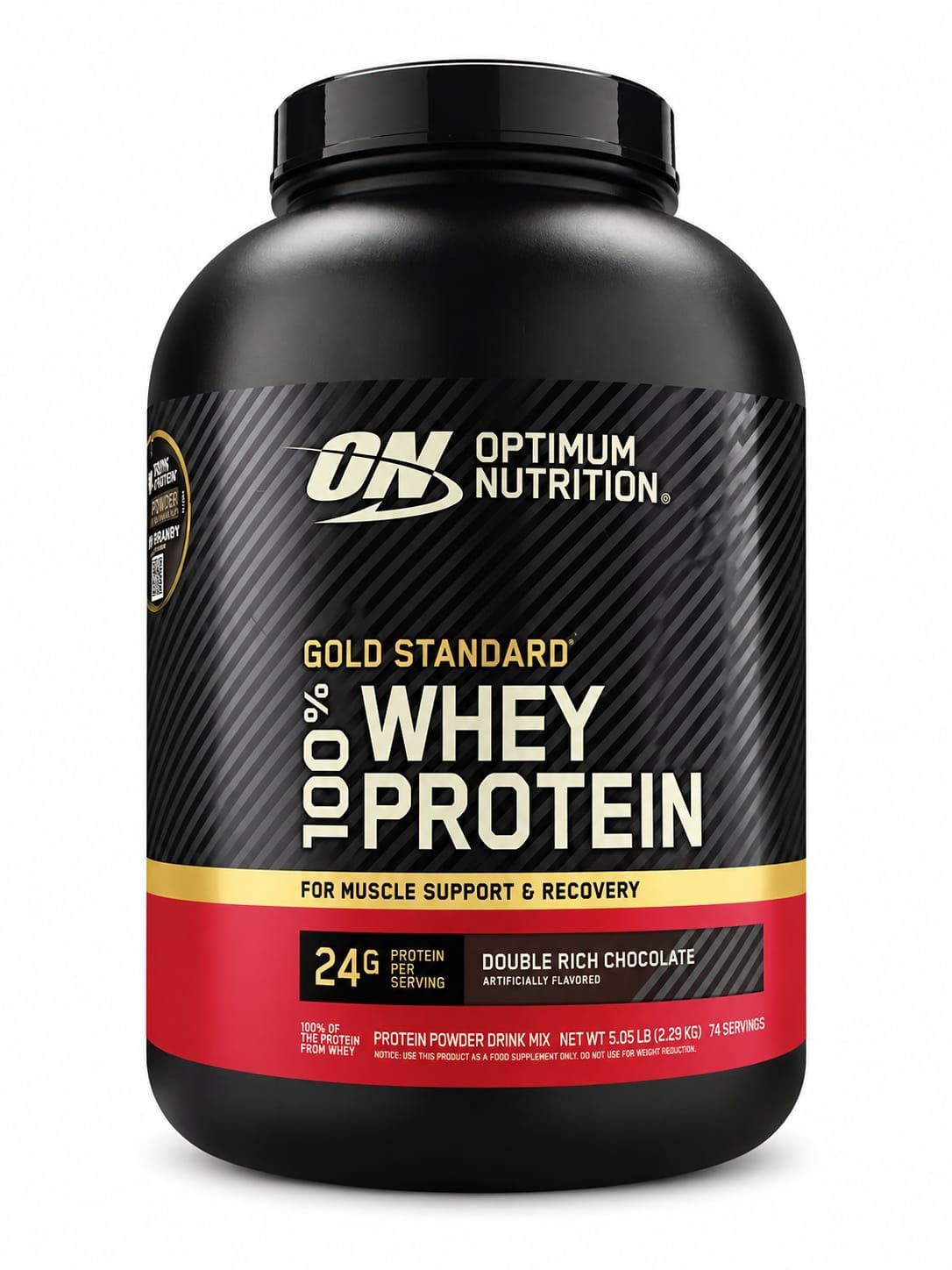 Envase de proteína de suero 100% Gold Standard de Optimum Nutrition, color negro con etiqueta dorada y roja.