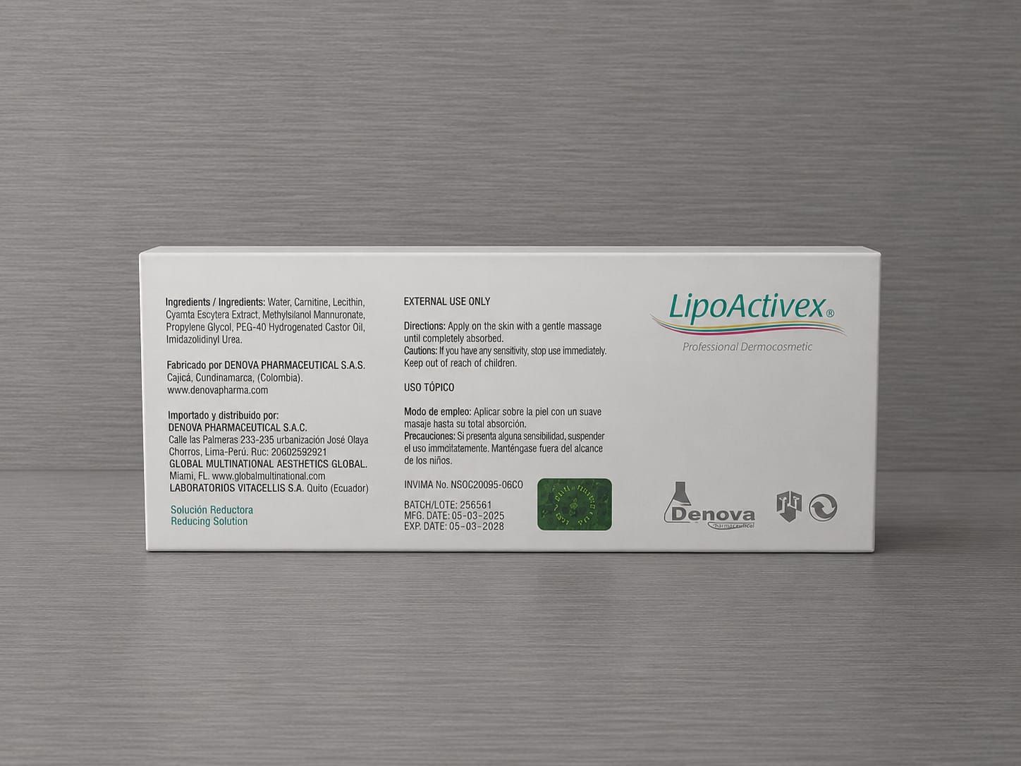 Caja blanca de LipoActivesx sobre una superficie texturizada gris.
