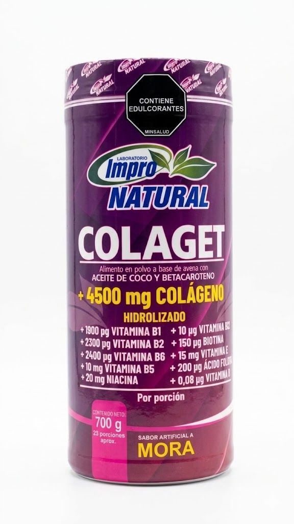 Botella morada del suplemento de colágeno Natura Colagel, sabor mora, sobre fondo blanco.